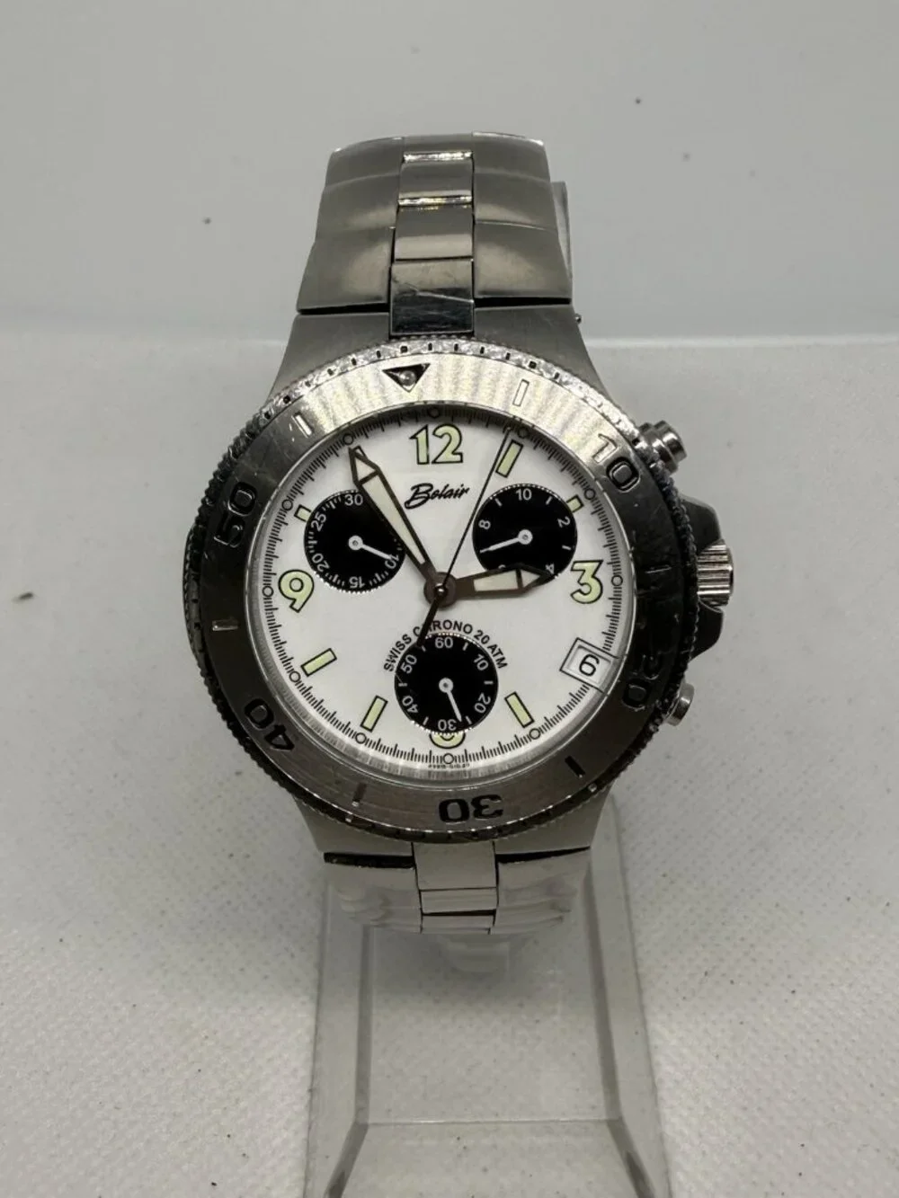 Belair A9915 Men Chronograph Diver Watch Swiss Quartz Stainless Steel White Dial
